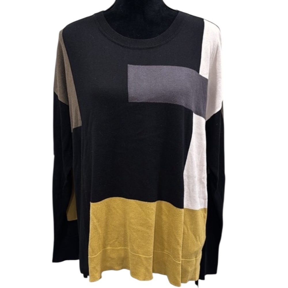 Planet by Lauren G Pima cotton blend black yellow colorblock long sleeve sweater